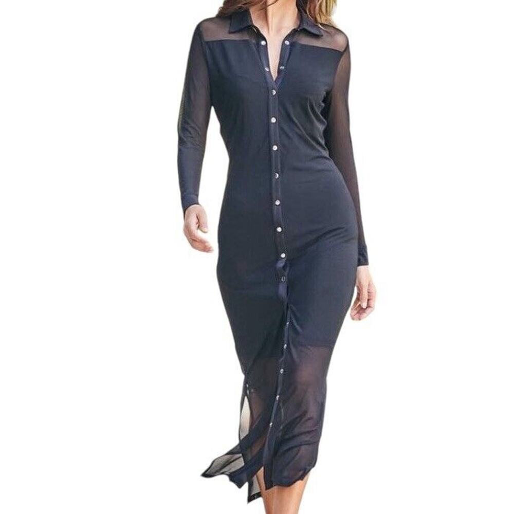 Anatomie Black Sheer Button-Down Midi Dress